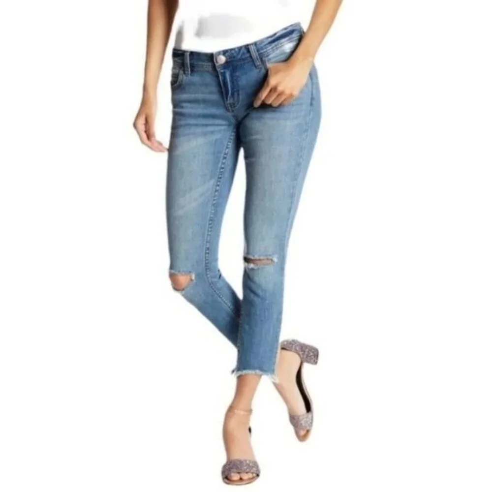 Free People Ripped Cropped Jeans Sz 28 Mid Rise‎ Skinny Stretch Grunge Casual